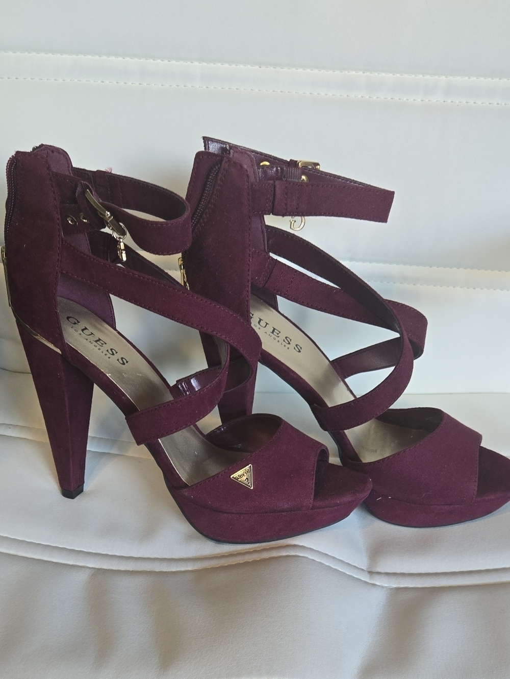 GUESS Women's Burgundy Suede Strappy High Heel Sandals with Gold Accent